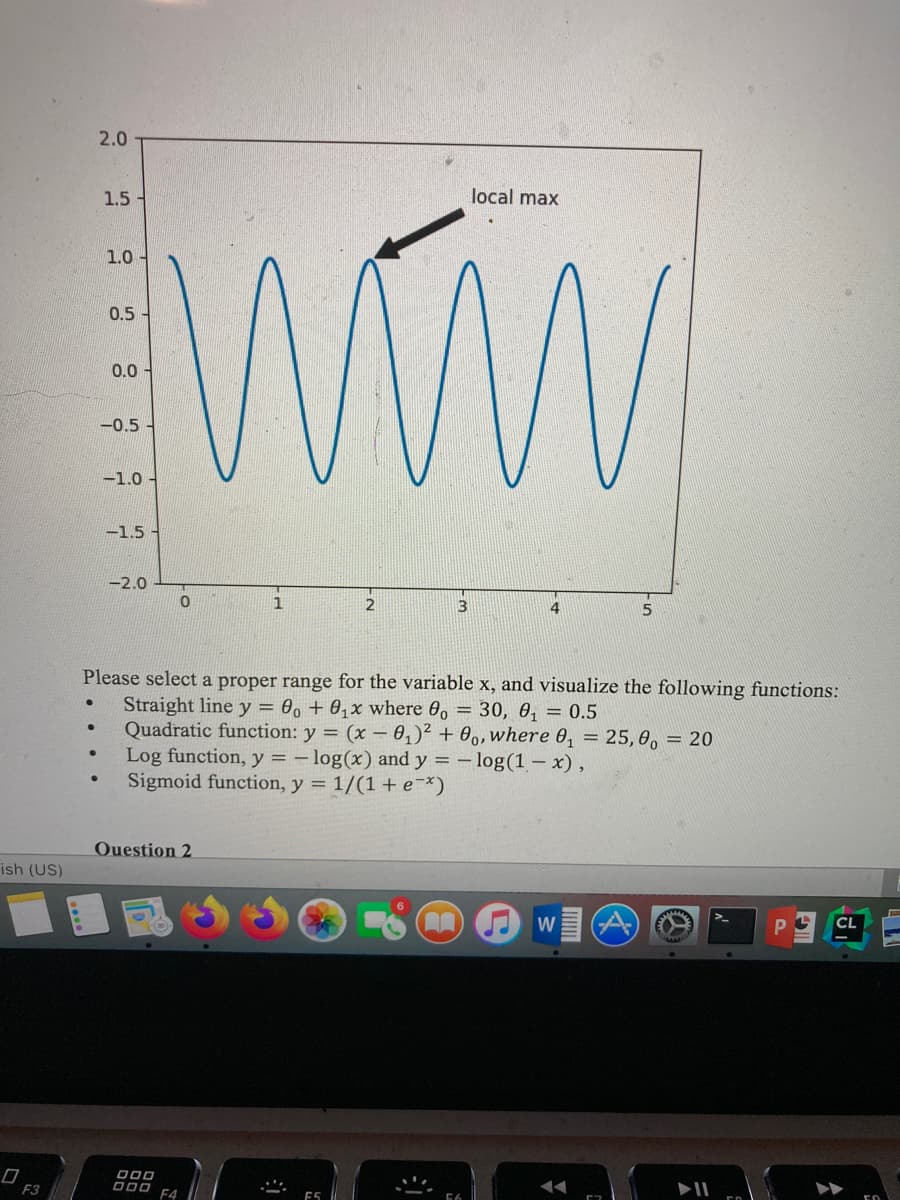 2.0
1.5 -
local max
1.0-
0.5
0.0-
-0.5
-1.0 -
-1.5
-2.0
1
2
3
5
Please select a proper range for the variable x, and visualize the following functions:
Straight line y = 0, + 0,x where 0, = 30, 0, = 0.5
Quadratic function: y = (x – 6,)² + 0,,where 0, = 25, 0, = 20
Log function, y = – log(x) and y = – log(1 – x),
Sigmoid function, y = 1/(1 + e-*)
Ouestion 2
ish (US)
CL
F3
F4
