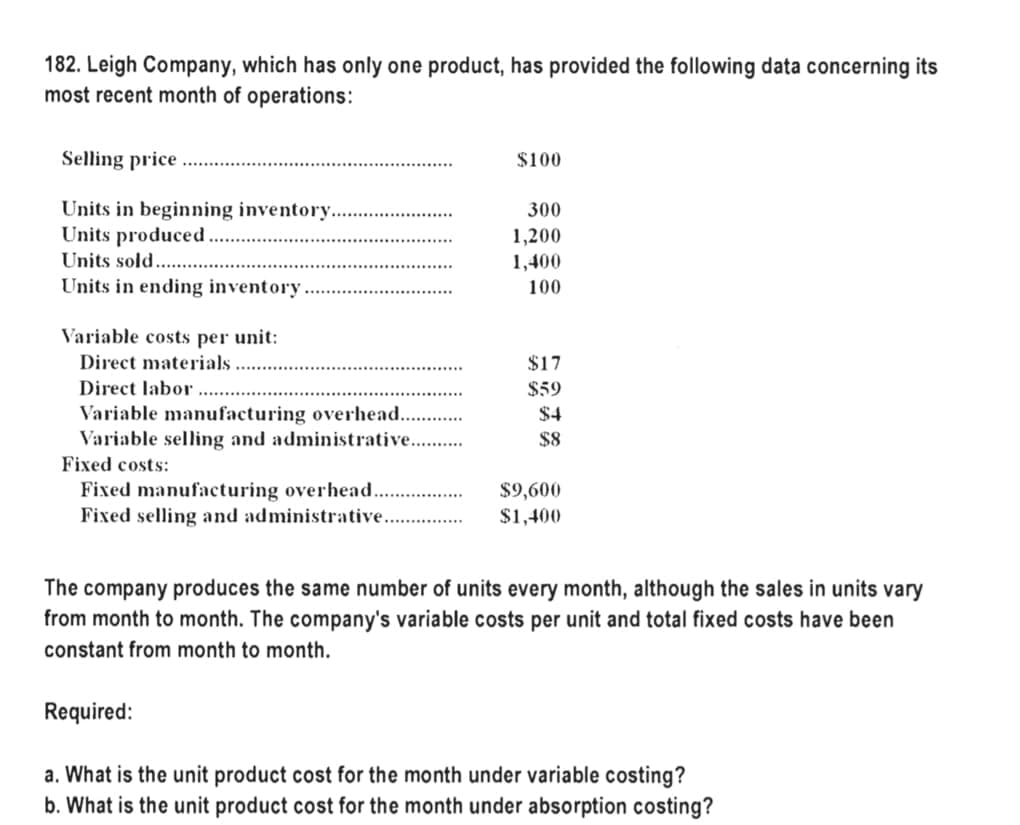 182. Leigh Company, which has only one product, has provided the following data concerning its
most recent month of operations:
Selling price
Units in beginning inventory.
Units produced.
Units sold.
Units in ending inventory.
Variable costs per unit:
Direct materials.
Direct labor
Variable manufacturing overhead..
Variable selling and administrative..........
Fixed costs:
Fixed manufacturing overhead...
Fixed selling and administrative....
$100
300
1,200
1,400
100
$17
$59
$4
$8
$9,600
$1,400
The company produces the same number of units every month, although the sales in units vary
from month to month. The company's variable costs per unit and total fixed costs have been
constant from month to month.
Required:
a. What is the unit product cost for the month under variable costing?
b. What is the unit product cost for the month under absorption costing?