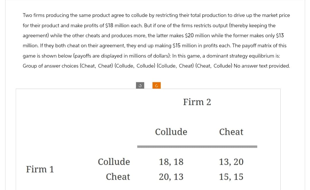 Two firms producing the same product agree to collude by restricting their total production to drive up the market price
for their product and make profits of $18 million each. But if one of the firms restricts output (thereby keeping the
agreement) while the other cheats and produces more, the latter makes $20 million while the former makes only $13
million. If they both cheat on their agreement, they end up making $15 million in profits each. The payoff matrix of this
game is shown below (payoffs are displayed in millions of dollars): In this game, a dominant strategy equilibrium is:
Group of answer choices (Cheat, Cheat) (Collude, Collude) (Collude, Cheat) (Cheat, Collude) No answer text provided.
C
C
Firm 2
Collude
Cheat
Collude
18, 18
13, 20
Firm 1
Cheat
20, 13
15, 15