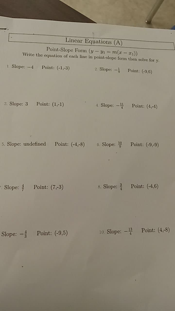 Linear Equations (A)
Point-Slope Form (y-y₁ = m(x-x1))
Write the equation of each line in point-slope form then solve for y.
1. Slope: -4 Point: (-1,-3)
2. Slope:-1
Point: (-9,6)
3. Slope: 3 Point: (1,-1)
4. Slope: -1
Point: (4,-4)
5. Slope: undefined Point: (-4,-8)
6. Slope: 10
Point: (-9,-9)
Slope: Point: (7,-3)
8. Slope:
Point: (-4,6)
Slope: -
Point: (-9,5)
10. Slope: -13
Point: (4,-8)