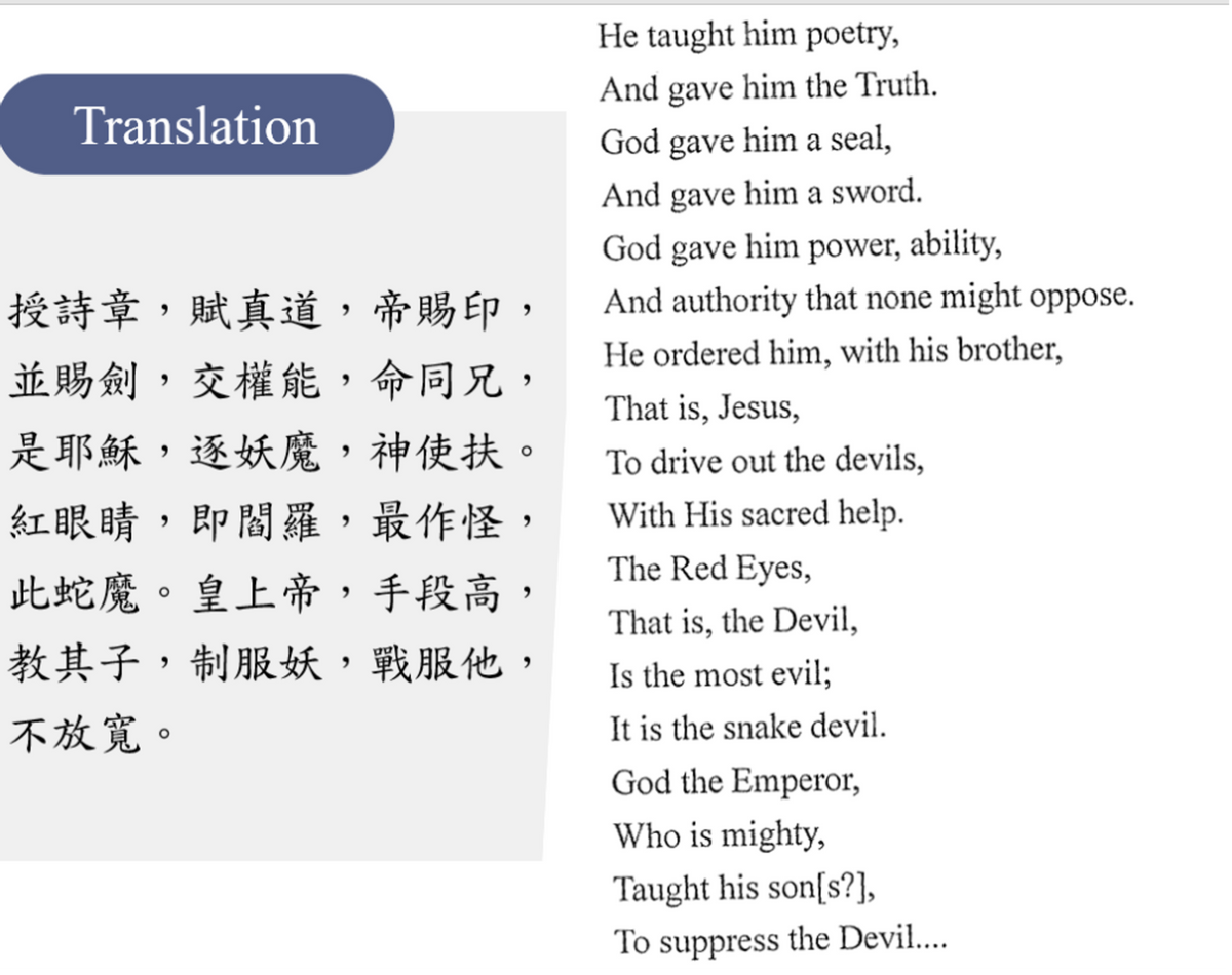 He taught him poetry,
And gave him the Truth.
Translation
God gave him a seal,
And gave him a sword.
God gave him power, ability,
And authority that none might oppose.
授詩章,賦真道,帝賜印,
並賜劍,交權能,命同兄,
是耶穌,逐妖魔,神使扶。
紅眼睛,即間羅,最作怪,
此蛇魔。皇上帝,手段高,
教其子,制服妖,戰服他,
不放寬。
He ordered him, with his brother,
That is, Jesus,
To drive out the devils,
With His sacred help.
The Red Eyes,
That is, the Devil,
Is the most evil;
It is the snake devil.
God the Emperor,
Who is mighty,
Taught his son[s?],
To suppress the Devil....
