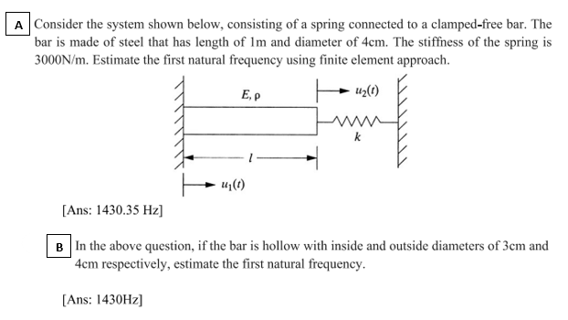 A Consider the system shown below, consisting of a spring connected to a clamped-free bar. The
bar is made of steel that has length of Im and diameter of 4cm. The stiffness of the spring is
3000N/m. Estimate the first natural frequency using finite element approach.
E, p
U₂(1)
[Ans: 1430.35 Hz]
u₁(t)
B In the above question, if the bar is hollow with inside and outside diameters of 3cm and
4cm respectively, estimate the first natural frequency.
[Ans: 1430Hz]