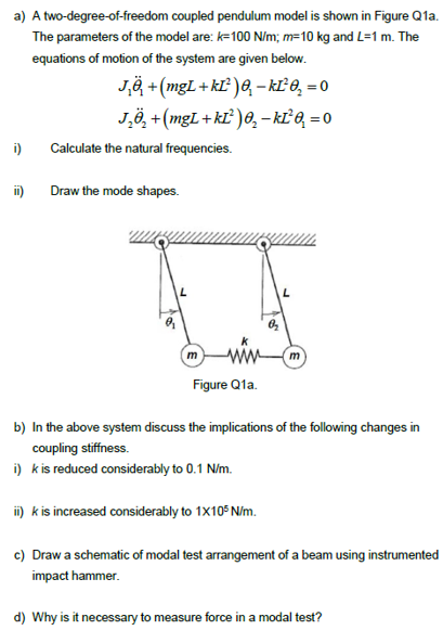 a) A two-degree-of-freedom coupled pendulum model is shown in Figure Q1a.
The parameters of the model are: k=100 N/m; m=10 kg and L=1 m. The
equations of motion of the system are given below.
J₁ä + (mgL + kĽ² ) 8₁ - kľ² 0₁₂ = 0
J₁₂+(mgL+kĽ²)₂-kĽ² 0₁ = 0
i) Calculate the natural frequencies.
ii)
Draw the mode shapes.
m
Figure Q1a.
b) In the above system discuss the implications of the following changes in
coupling stiffness.
i) k is reduced considerably to 0.1 N/m.
ii) k is increased considerably to 1x105 N/m.
c) Draw a schematic of modal test arrangement of a beam using instrumented
impact hammer.
d) Why is it necessary to measure force in a modal test?