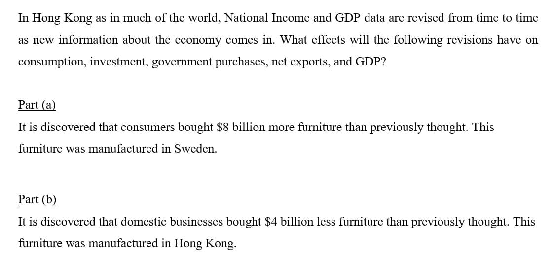 In Hong Kong as in much of the world, National Income and GDP data are revised from time to time
as new information about the economy comes in. What effects will the following revisions have on
consumption, investment, government purchases, net exports, and GDP?
Part (a)
It is discovered that consumers bought $8 billion more furniture than previously thought. This
furniture was manufactured in Sweden.
Part (b)
It is discovered that domestic businesses bought $4 billion less furniture than previously thought. This
furniture was manufactured in Hong Kong.
