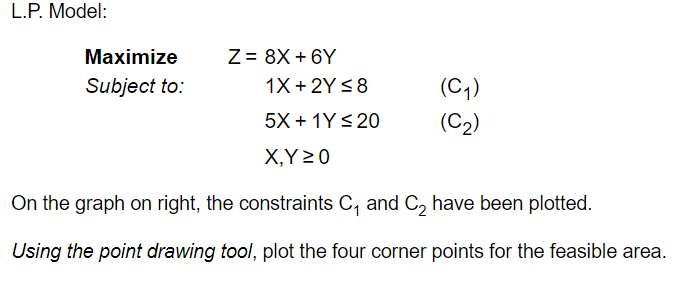 L.P. Model:
Maximize
Z = 8X + 6Y
Subject to:
1X+2Y≤8
(C1)
5X+1Y ≤20
(C2)
X,Y ≥0
On the graph on right, the constraints C₁ and C2 have been plotted.
Using the point drawing tool, plot the four corner points for the feasible area.