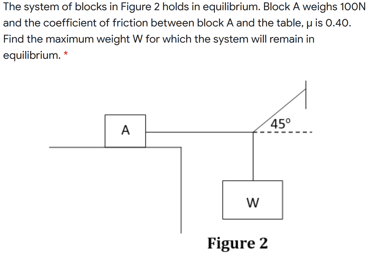 The system of blocks in Figure 2 holds in equilibrium. Block A weighs 100N
and the coefficient of friction between block A and the table, u is 0.40.
Find the maximum weight W for which the system will remain in
equilibrium. *
45°
A
W
Figure 2
