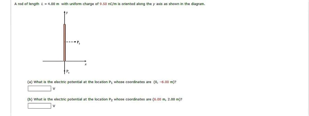 A rod of length L = 4.00 m with uniform charge of 9.50 nC/m is oriented along the y axis as shown in the diagram.
P,
(a) What is the electric potential at the location P1 whose coordinates are (0, -6.00 m)?
V
(b) What is the electric potential at the location P2 whose coordinates are (6.00 m, 2.00 m)?