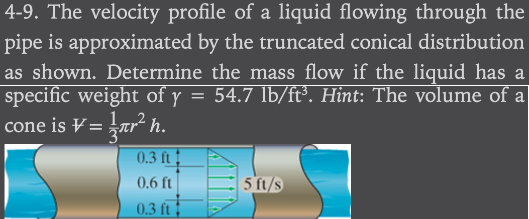 4-9. The velocity profile of a liquid flowing through the
pipe is approximated by the truncated conical distribution
as shown. Determine the mass flow if the liquid has a
specific weight of y = 54.7 lb/ft³. Hint: The volume of a
cone
is V=1⁄²| h.
0.3 ft
0.6 ft
0.3 ft
5 ft/s
