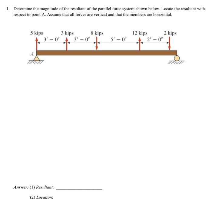 1. Determine the magnitude of the resultant of the parallel force system shown below. Locate the resultant with
respect to point A. Assume that all forces are vertical and that the members are horizontal.
5 kips
3 kips
3'-0"
A
Answer: (1) Resultant:
(2) Location:
3'-0"
8 kips
+
5'-0"
12 kips
2'-0"
2 kips