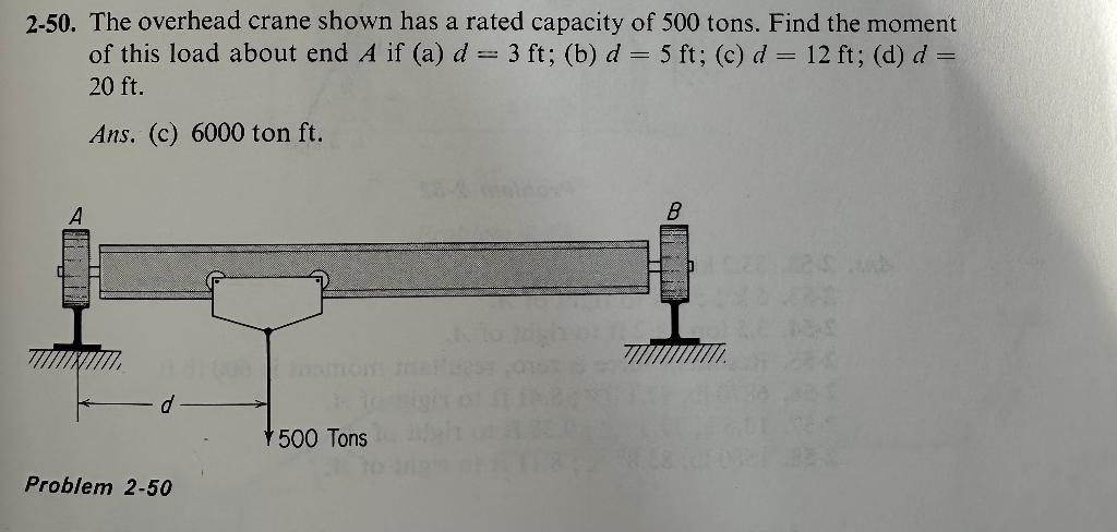 2-50. The overhead crane shown has a rated capacity of 500 tons. Find the moment
of this load about end A if (a) d = 3 ft; (b) d = 5 ft; (c) d = 12 ft; (d) d
20 ft.
=
Ans. (c) 6000 ton ft.
A
Problem 2-50
500 Tons
B
E
2nd