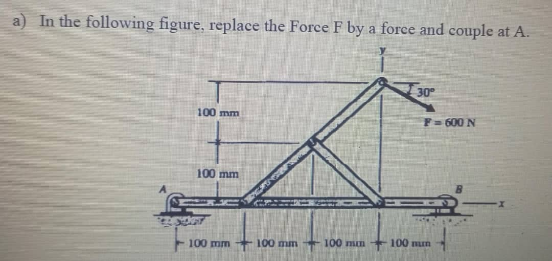a) In the following figure, replace the Force F by a force and couple at A.
A
100 mm
100 mm
100 mm 100 mm
30°
F-600 N
100 mm 100 mm