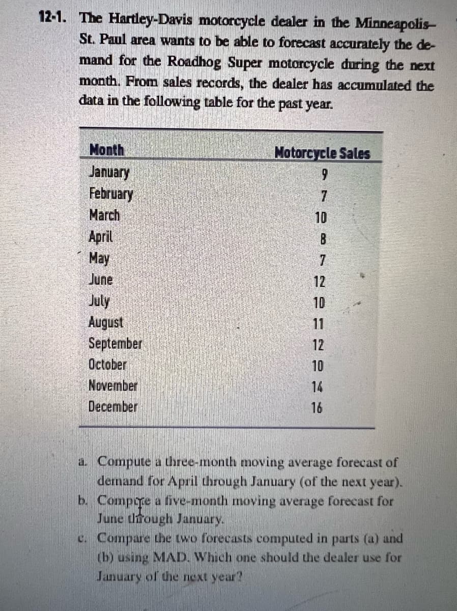 12-1. The Hartley-Davis motorcycle dealer in the Minneapolis-
St. Paul area wants to be able to forecast accurately the de-
mand for the Roadhog Super motorcycle during the next
month. From sales records, the dealer has accumulated the
data in the following table for the past year.
Month
January
February
March
April
Мay
June
Motorcycle Sales
7
10
8
7
12
July
August
September
10
11
12
October
10
November
December
14
16
a Compute a three-month moving average forecast of
demand for April through January (of the next year).
b. Compore a five-month moving average forecast for
June drough January.
c. Compare the two forecasts computed in parts (a) and
(b) using MAD. Which one should the dealer use for
January of dhe next year?
