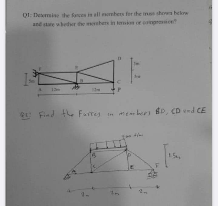 QI: Determine the forces in all members for the truss shown below
and state whether the members in tension or compression?
D
5m
Sm
Sm
B.
12m
12m
PL Find the Forcey in
members BD, CD nd CE
200 N/m
1.5m
E
4-
2n
