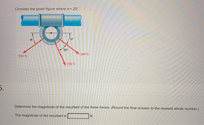 Determine the magnitude of the resultant of the three forces. (Round the final answer to the nearest whole number.)
The magnitude of the resultant is
N.
