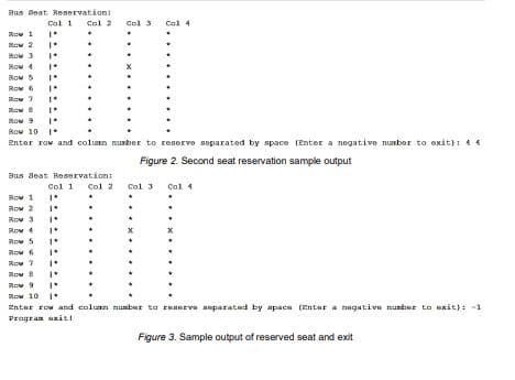 Bus Seat Reaervationi
Cal 1 Col 2 Col 3 Col 4
Row 1
Row 2
Row 3
Row 4
Row 5
Row 6
Row ?
Row e
Row 9
Row 10 1
Enter row and coluxn munber to reserve separated by space (Enter a negative number to exit: 44
Figure 2. Second seat reservation sample output
Bus Seat Reservation:
Col 1 Col 2 col 3 Col 4
Row 1 1
Row 2
Row 3
Row 4
Row 5
Row 6
Row 7
Row
Row 9
Row 10 1*
Enter row and columa number ta Enaneva asparatad by apaca (Entar a nagative nuntne to mxit): -1
Progran axit
Figure 3. Sample output of reserved seat and exit
