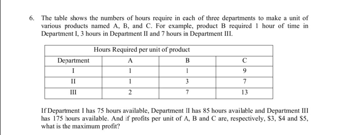 The table shows the numbers of hours require in each of three departments to make a unit of
various products named A, B, and C. For example, product B required 1 hour of time in
Department I, 3 hours in Department II and 7 hours in Department III.
6.
Hours Required per unit of product
Department
A
В
C
I
1
1
9.
II
1
3
7
III
2
7
13
If Department I has 75 hours available, Department II has 85 hours available and Department III
has 175 hours available. And if profits per unit of A, B and C are, respectively, $3, $4 and $5,
what is the maximum profit?
