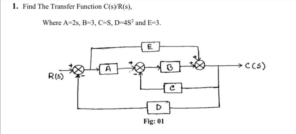 1. Find The Transfer Function C(s)/R(s),
Where A=2s, B=3, C=S, D=4S² and E=3.
R(5)
E
D
Fig: 01
→ C(s)