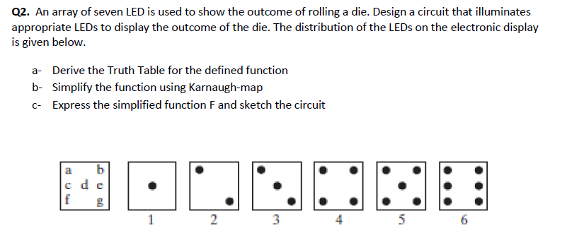 Q2. An array of seven LED is used to show the outcome of rolling a die. Design a circuit that illuminates
appropriate LEDS to display the outcome of the die. The distribution of the LEDS on the electronic display
is given below.
a- Derive the Truth Table for the defined function
b- Simplify the function using Karnaugh-map
c- Express the simplified function F and sketch the circuit
b
c de
1
3
in
en
2.
