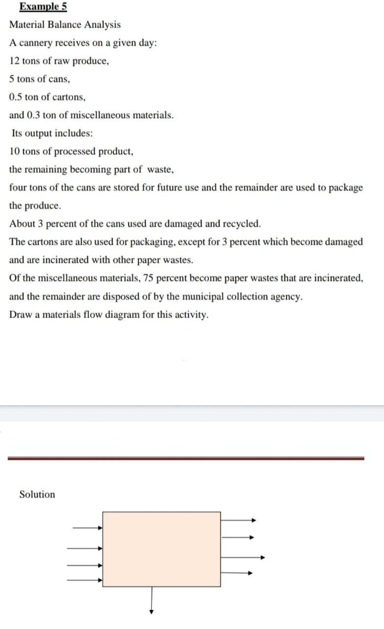 Example 5
Material Balance Analysis
A cannery receives on a given day:
12 tons of raw produce,
5 tons of cans,
0.5 ton of cartons,
and 0.3 ton of miscellaneous materials.
Its output includes:
10 tons of processed product,
the remaining becoming part of waste,
four tons of the cans are stored for future use and the remainder are used to package
the produce.
About 3 percent of the cans used are damaged and recycled.
The cartons are also used for packaging, except for 3 percent which become damaged
and are incinerated with other paper wastes.
of the miscellaneous materials, 75 percent become paper wastes that are incinerated,
and the remainder are disposed of by the municipal collection agency.
Draw a materials flow diagram for this activity.
Solution