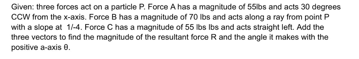 Given: three forces act on a particle P. Force A has a magnitude of 55lbs and acts 30 degrees
CCW from the x-axis. Force B has a magnitude of 70 lbs and acts along a ray from point P
with a slope at 1/-4. Force C has a magnitude of 55 lbs lbs and acts straight left. Add the
three vectors to find the magnitude of the resultant force R and the angle it makes with the
positive a-axis 0.