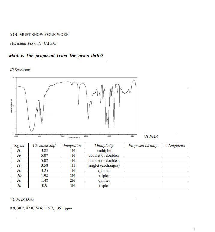 YOU MUST SHOW YOUR WORK
Molecular Formula: CH120
what is the proposed from the given data?
IR Spectrum
ΙΗ ΝMR
VEMERI
Signal
Chemical Shift
Integration
1H
Multiplicity
multiplet
doublet of doublets
Proposed Identity
# Neighbors
На
5.82
5.07
1H
He
5.02
1H
doublet of doublets
singlet (exchanges)
quintet
triplet
quintet
triplet
Ha
3.58
1H
He
3.25
1H
1.98
2H
H
1.48
2H
Hi
0.9
3H
13C NMR Data
9.9, 30.7, 42.0, 74.6, 115.7, 135.1 ppm
