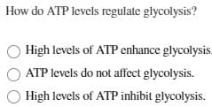 How do ATP levels regulate glycolysis?
000
High levels of ATP enhance glycolysis...
ATP levels do not affect glycolysis.
High levels of ATP inhibit glycolysis.