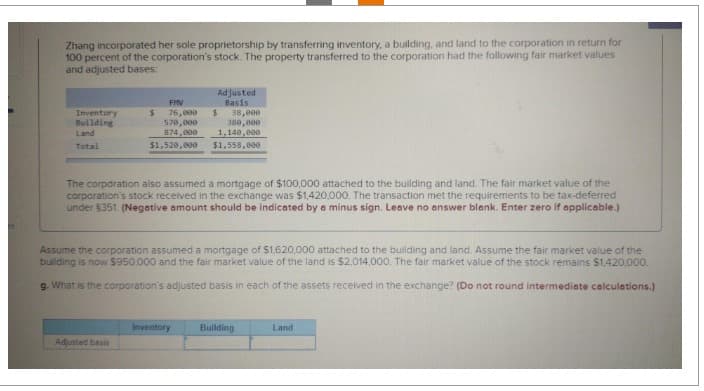 Zhang incorporated her sole proprietorship by transferring inventory, a building, and land to the corporation in return for
100 percent of the corporation's stock. The property transferred to the corporation had the following fair market values
and adjusted bases:
Inventory
Building
Land
Total
FMV
$ 76,000
570,000
874,000
$1,520,000
Adjusted basis
Adjusted
Basis
$
38,000
380,000
1,140,000
$1,558,000
The corporation also assumed a mortgage of $100,000 attached to the building and land. The fair market value of the
corporation's stock received in the exchange was $1,420,000. The transaction met the requirements to be tax-deferred
under $351. (Negative amount should be indicated by a minus sign. Leave no answer blank. Enter zero if applicable.)
Inventory
Assume the corporation assumed a mortgage of $1,620,000 attached to the building and land. Assume the fair market value of the
building is now $950,000 and the fair market value of the land is $2,014,000. The fair market value of the stock remains $1,420,000.
g. What is the corporation's adjusted basis in each of the assets received in the exchange? (Do not round intermediate calculations.)
Building
Land