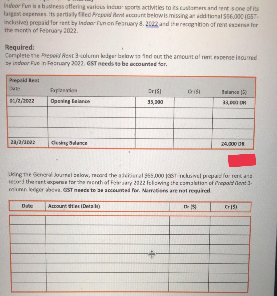 Indoor Fun is a business offering various indoor sports activities to its customers and rent is one of its
largest expenses. Its partially filled Prepaid Rent account below is missing an additional $66,000 (GST-
inclusive) prepaid for rent by Indoor Fun on February 8, 2022 and the recognition of rent expense for
the month of February 2022.
Required:
Complete the Prepaid Rent 3-column ledger below to find out the amount of rent expense incurred
by Indoor Fun in February 2022. GST needs to be accounted for.
Prepaid Rent
Date
Explanation
Dr ($)
Cr ($)
Balance ($)
01/2/2022
Opening Balance
33,000
33,000 DR
28/2/2022
Closing Balance
24,000 DR
Using the General Journal below, record the additional $66,000 (GST-inclusive) prepaid for rent and
record the rent expense for the month of February 2022 following the completion of Prepaid Rent 3-
column ledger above. GST needs to be accounted for. Narrations are not required.
Date
Account titles (Details)
Dr ($)
Cr ($)
