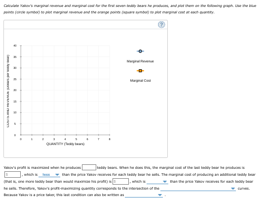 Calculate Yakov's marginal revenue and marginal cost for the first seven teddy bears he produces, and plot them an the following graph. Lise the blue
points (circle symbol) to piot marginal revenue and the orange points (square symbal) to plot marginal cost at each quantity.
Marginal Revenue
Marginal Cost
20
15
10
QUANTITY (Teddy bears)
Yakov's profit is maximized when he produces
teddy bears. When he does this, the marginal oost of the last teddy bear he produces is
, which is less v than the price Yakov receives for each teddy bear he sells. The marginal cost of producing an additional teddy bear
(that is, one more teddy bear than would maximize his profit) iss
,which is
v than the price Yakov receives for each teddy bear
he sells. Therefore, Yakov's profit-maximizing quantity coresponds to the intersection of the
curves.
Because Yakov is a price taker, this last condition can also be written as
(eag Appm ad son) anNAAH IN R ISOn
