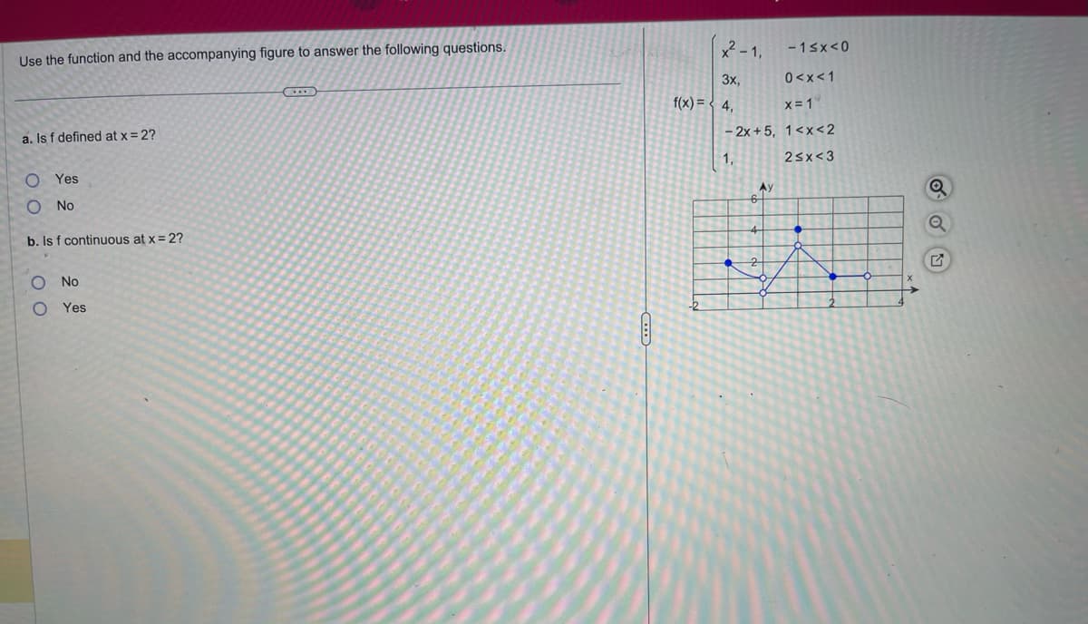 Use the function and the accompanying figure to answer the following questions.
a. Is f defined at x = 2?
O Yes
O No
b. Is f continuous at x = 2?
00
No
Yes
...
x²-1,
3x.
f(x) = 4,
-1≤x<0
0<x< 1
x = 1
-2x+5, 1<x<2
1,
2<x<3
6
Aу
Q