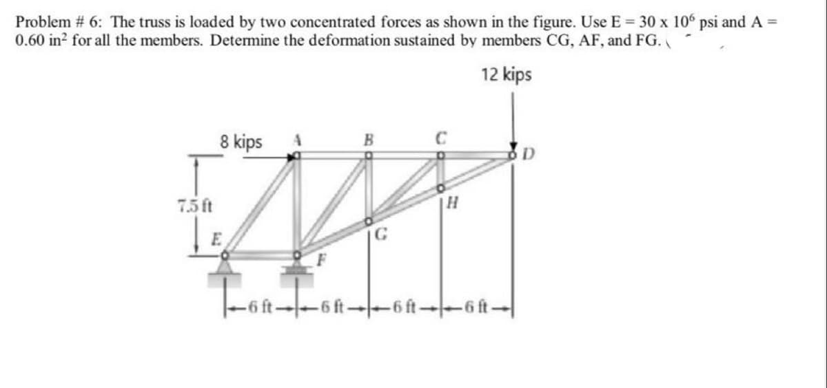 Problem # 6: The truss is loaded by two concentrated forces as shown in the figure. Use E = 30 x 106 psi and A =
0.60 in? for all the members. Detemine the deformation sustained by members CG, AF, and FG.
12 kips
8 kips
7.5 ft
6 ft--6ft-
