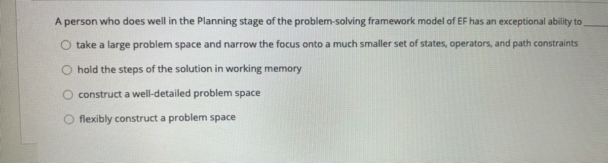 A person who does well in the Planning stage of the problem-solving framework model of EF has an exceptional ability to
take a large problem space and narrow the focus onto a much smaller set of states, operators, and path constraints
O hold the steps of the solution in working memory
O construct a well-detailed problem space
O flexibly construct a problem space
