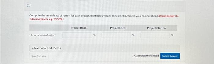 (c)
Compute the annual rate of return for each project. (Hint: Use average annual net income in your computation) (Round answers to
2 decimal places, eg. 10.50%)
Annual rate of return
eTextbook and Media
Save for Later
Project Bono
%
Project Edge
%
Project Clayton
%
Attempts: 0 of 5 used Submit Answer