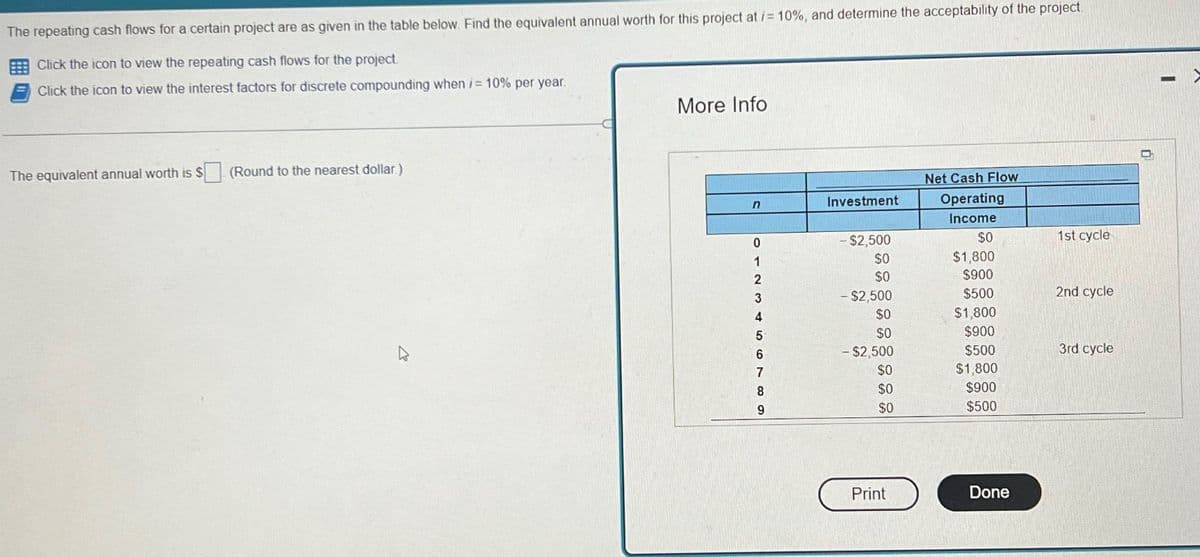 The repeating cash flows for a certain project are as given in the table below. Find the equivalent annual worth for this project at /= 10%, and determine the acceptability of the project
Click the icon to view the repeating cash flows for the project.
Click the icon to view the interest factors for discrete compounding when i= 10% per year.
The equivalent annual worth is $
(Round to the nearest dollar.)
More Info
n
0
1
2
3
4
5
6
7
8
9
Investment
- $2,500
$0
$0
- $2,500
$0
$0
- $2,500
$0
$0
$0
Print
Net Cash Flow
Operating
Income
$0
$1,800
$900
$500
$1,800
$900
$500
$1,800
$900
$500
Done
1st cycle
2nd cycle
3rd cycle
=