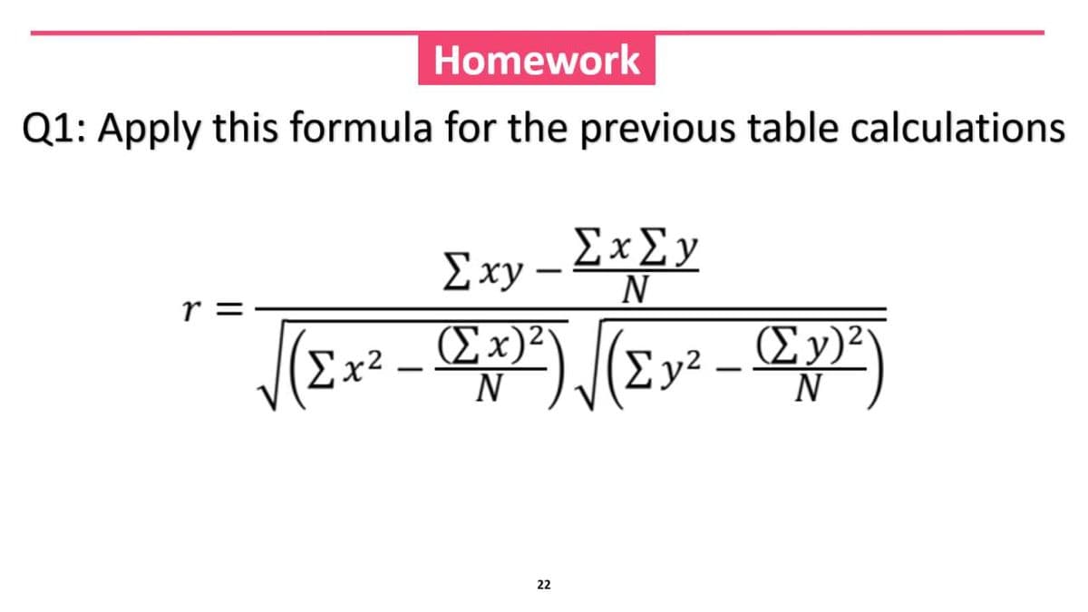 Homework
Q1: Apply this formula for the previous table calculations
Σαν - ΣχΣν
(Σ
N
√(Σ x² - (Ex)²) √(Σ y²
N
- (Σ) 2)
N
22