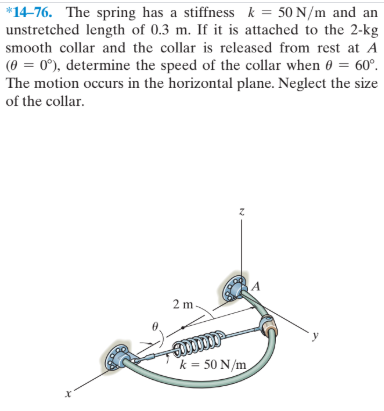 *14-76. The spring has a stiffness k = 50 N/m and an
unstretched length of 0.3 m. If it is attached to the 2-kg
smooth collar and the collar is released from rest at A
(0 = 0°), determine the speed of the collar when 0 = 60°.
The motion occurs in the horizontal plane. Neglect the size
%3D
of the collar.
2 m-
k = 50 N/m
