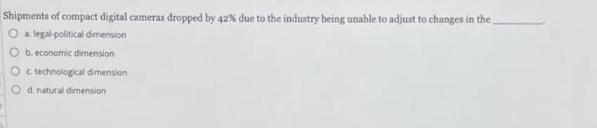 Shipments of compact digital cameras dropped by 42% due to the industry being unable to adjust to changes in the
O a. legal-political dimension
O b. economic dimension
O technological dimension
O d. natural dimension
