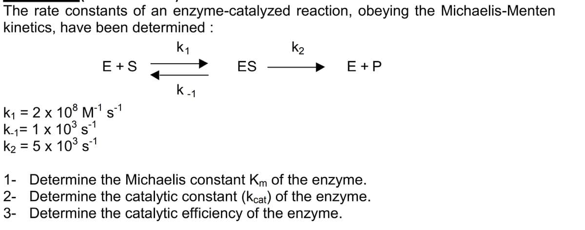 The rate constants of an enzyme-catalyzed reaction, obeying the Michaelis-Menten
kinetics, have been determined :
E + S
K₁ = 2 x 108 M-¹ S-¹
-1
-1
-1
K-₁= 1 x 10³ S
K₂ = 5 x 10³ S-1
K₁
1
K-1
ES
K₂
E +P
1- Determine the Michaelis constant Km of the enzyme.
2- Determine the catalytic constant (kcat) of the enzyme.
3- Determine the catalytic efficiency of the enzyme.
