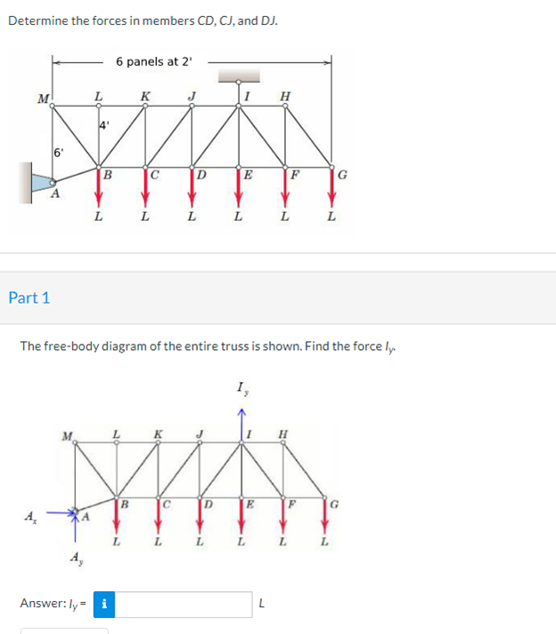 Determine the forces in members CD, CJ, and DJ.
6 panels at 2¹
K
MUN
M
A
Part 1
B
Answer: ly =
L
B
L
L
L
E
The free-body diagram of the entire truss is shown. Find the force ly.
I,
Muis
C
D
L
E
H
L
L
L
G