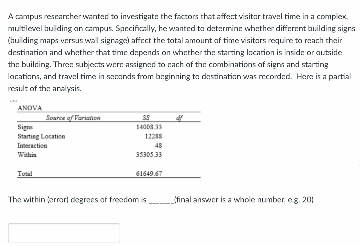 A campus researcher wanted to investigate the factors that affect visitor travel time in a complex,
multilevel building on campus. Specifically, he wanted to determine whether different building signs
(building maps versus wall signage) affect the total amount of time visitors require to reach their
destination and whether that time depends on whether the starting location is inside or outside
the building. Three subjects were assigned to each of the combinations of signs and starting
locations, and travel time in seconds from beginning to destination was recorded. Here is a partial
result of the analysis.
ANOVA
Source of Variation
Signs
Starting Location
Interaction
Within
Total
SS
14008.33
12288
48
35305.33
61649.67
The within (error) degrees of freedom is
af
_(final answer is a whole number, e.g. 20)