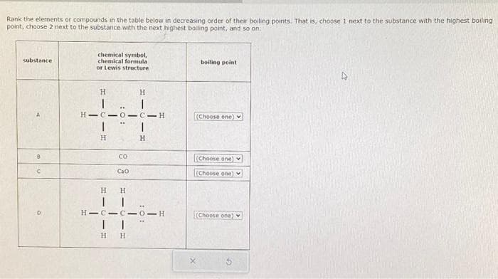 Rank the elements or compounds in the table below in decreasing order of their boiling points. That is, choose 1 next to the substance with the highest boiling
point, choose 2 next to the substance with the next highest boiling point, and so on.
substance
B
C
D
chemical symbol,
chemical formula
or Lewis structure
HI
H
H
**
HICIO-C-H
со
Cao
I
I
H
H H
II
HICICIOIH
I
| |
H H
boiling point
(Choose one)
(Choose one)
(Choose one) •
(Choose one)