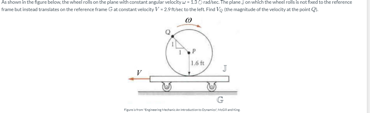 As shown in the figure below, the wheel rolls on the plane with constant angular velocity w = 1.3 O rad/sec. The plane J on which the wheel rolls is not fixed to the reference
frame but instead translates on the reference frame G at constant velocity V = 2.9 ft/sec to the left. Find Vo (the magnitude of the velocity at the point Q).
1 P
1.6 ft
J
V
Figure is from "Engineering Mechanic An Introduction to Dynamics", McGill and King.

