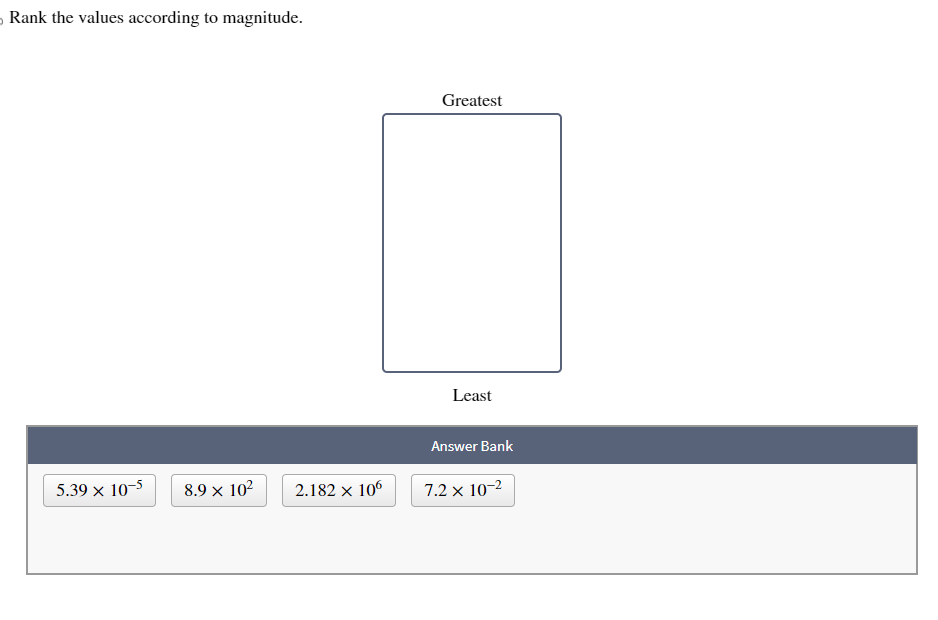 5
Rank the values according to magnitude.
5.39 x 10-5 8.9 × 10²2
2.182 x 106
Greatest
Least
Answer Bank
7.2 x 10-²