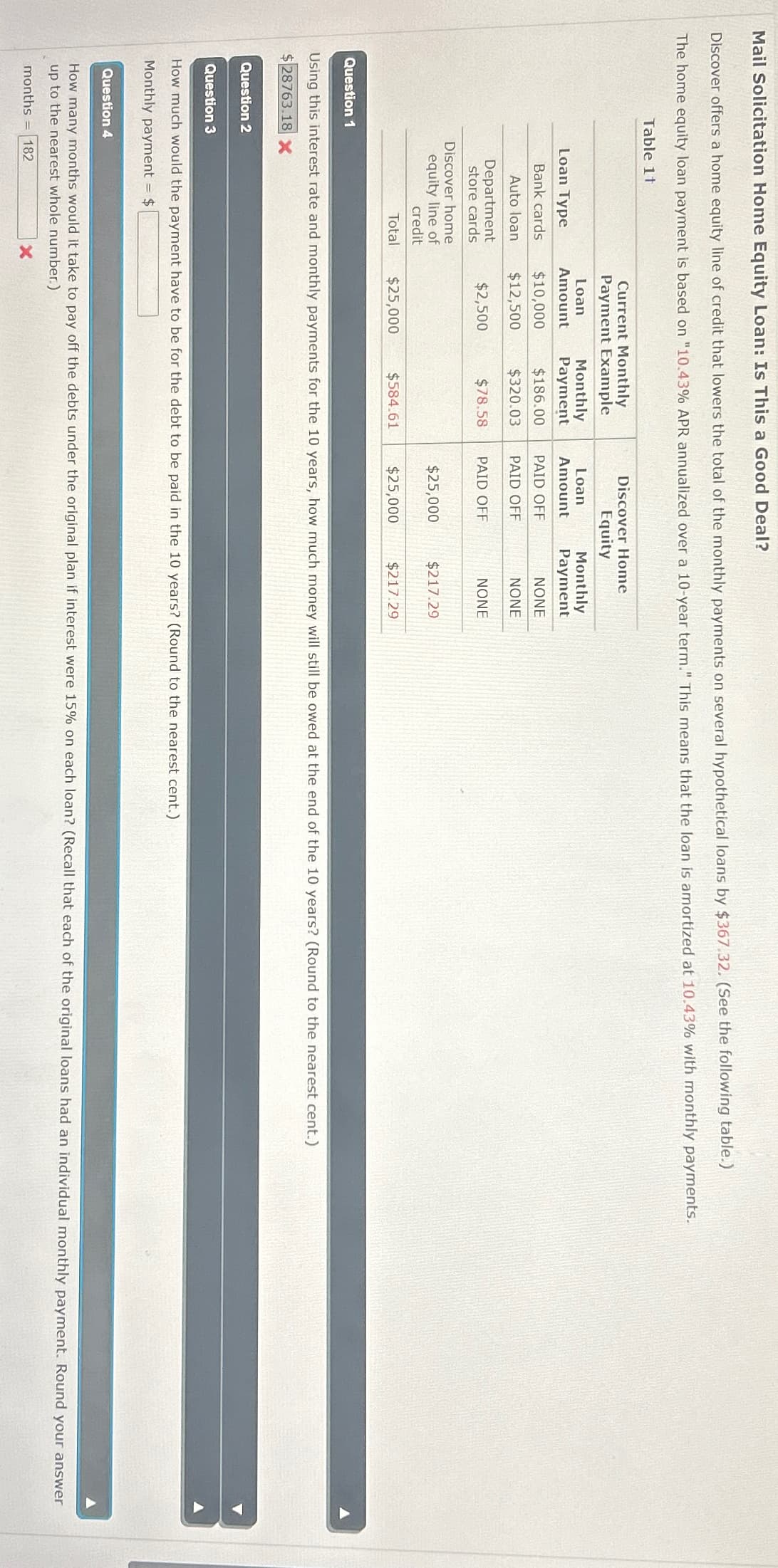 Mail Solicitation Home Equity Loan: Is This a Good Deal?
Discover offers a home equity line of credit that lowers the total of the monthly payments on several hypothetical loans by $367.32. (See the following table.)
The home equity loan payment is based on "10.43% APR annualized over a 10-year term." This means that the loan is amortized at 10.43% with monthly payments.
Table 1t
Question 1
Current Monthly
Payment Example
Discover Home
Equity
Loan Type
Loan
Amount
Monthly
Payment
Loan
Amount
Monthly
Payment
Bank cards
$10,000
$186.00
PAID OFF
NONE
Auto loan
$12,500
$320.03
PAID OFF
NONE
Department
$2,500
$78.58
PAID OFF
NONE
store cards
Discover home
equity line of
$25,000
$217.29
credit
Total
$25,000
$584.61
$25,000
$217.29
Using this interest rate and monthly payments for the 10 years, how much money will still be owed at the end of the 10 years? (Round to the nearest cent.)
$28763.18 X
Question 2
Question 3
How much would the payment have to be for the debt to be paid in the 10 years? (Round to the nearest cent.)
Monthly payment = $
Question 4
How many months would it take to pay off the debts under the original plan if interest were 15% on each loan? (Recall that each of the original loans had an individual monthly payment. Round your answer
up to the nearest whole number.)
months 182