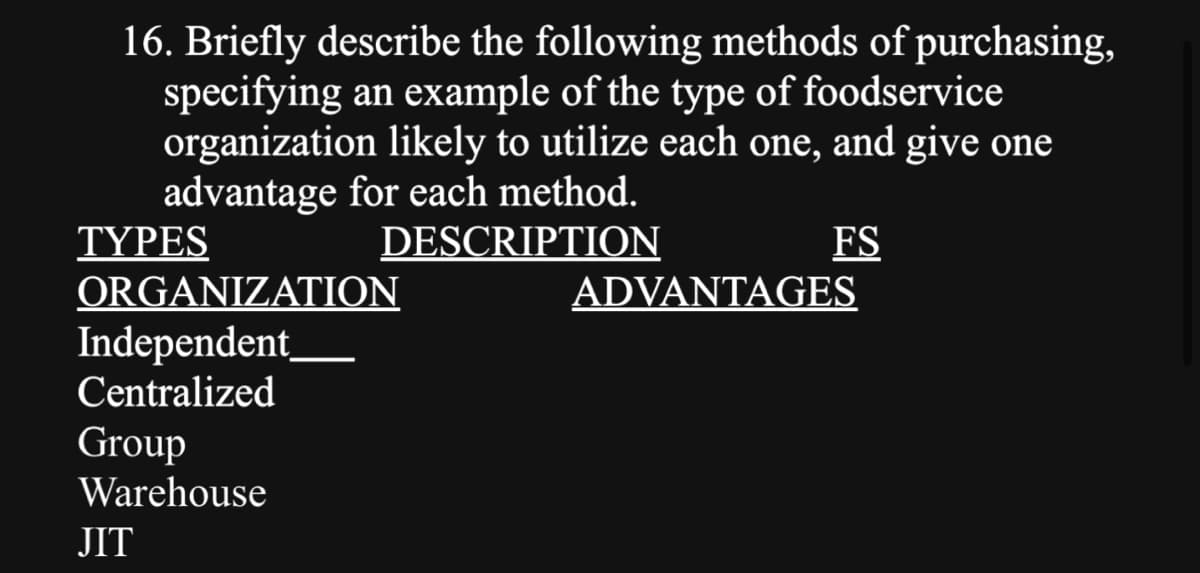16. Briefly describe the following methods of purchasing,
specifying an example of the type of foodservice
organization likely to utilize each one, and give one
advantage for each method.
DESCRIPTION
FS
TYPES
ORGANIZATION
Independent
Centralized
Group
Warehouse
JIT
ADVANTAGES