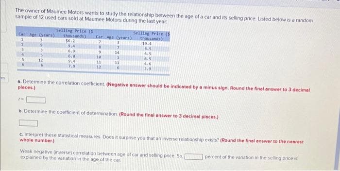 The owner of Maumee Motors wants to study the relationship between the age of a car and its selling price. Listed below is a random
sample of 12 used cars sold at Maumee Motors during the last year
Selling Price (S
thousands)
$6.2
9.4
Selling Price (S
thousands)
Car Age (years)
Car Age (years)
2.
6.
$9.4
6.9
6.0
7.
14
6.5
4.5
10
1
6.5
4.6
3.9
12
9,4
7.9
11
11
12
es
o. Determine the correlation coefficient. (Negative answer should be indicated by a minus sign. Round the final answer to 3 decimal
places.)
b. Determine the coefficient of determination. (Round the final answer to 3 decimal pleces.)
c. Interpret these statistical measures. Does it surprise you that an inverse relationship exists? (Round the final answer to the nearest
whole number.)
Weak negative (inverse) correlation between age of car and selling price. So,
explained by the variation in the age of the car
percent of the variation in the seling price is
