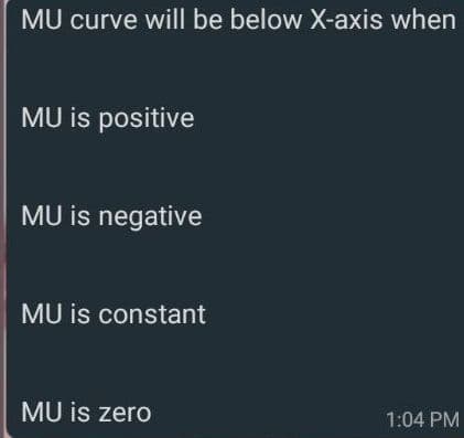 MU curve will be below X-axis when
MU is positive
MU is negative
MU is constant
MU is zero
1:04 PM
