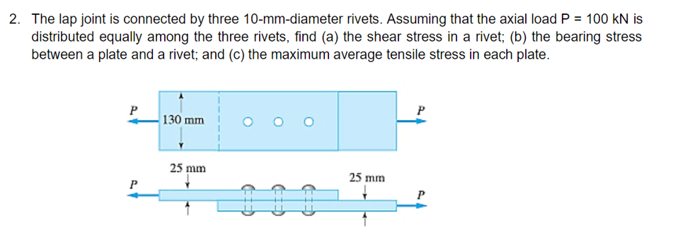 2. The lap joint is connected by three 10-mm-diameter rivets. Assuming that the axial load P = 100 kN is
distributed equally among the three rivets, find (a) the shear stress in a rivet; (b) the bearing stress
between a plate and a rivet; and (c) the maximum average tensile stress in each plate.
P
P
130 mm
25 mm
25 mm