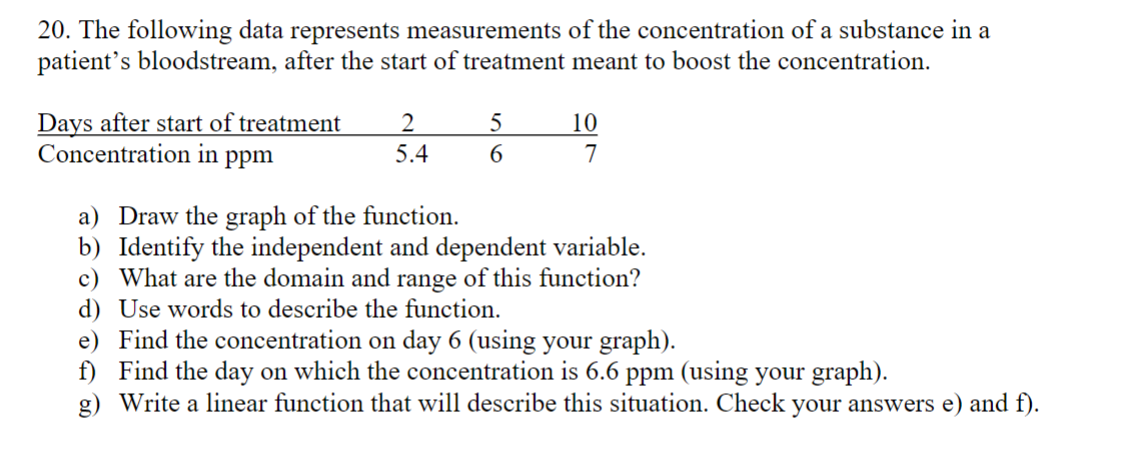 20. The following data represents measurements of the concentration of a substance in a
patient's bloodstream, after the start of treatment meant to boost the concentration.
Days after start of treatment
Concentration in ppm
2
5.4
5
6
10
7
a) Draw the graph of the function.
b) Identify the independent and dependent variable.
c) What are the domain and range of this function?
d) Use words to describe the function.
e) Find the concentration on day 6 (using your graph).
f) Find the day on which the concentration is 6.6 ppm (using your graph).
g) Write a linear function that will describe this situation. Check your answers e) and f).