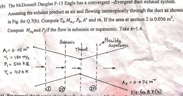 (b) The McDonnell Dauglas F-15 Eagle has a convergent -divergent duct exhaust system.
Assuming the exhaust product as air and flowing isentropically through the duct as shown
in Fig. for Q.7(b). Compute To, Mar, Po, A* and m. If the area at section 2 is 0.036 m²,
Compute Maand P₂if the flow is subsonic or supersonic. Take k=1.4.
Subsonic
A₁ = 0.05m
₁ =180 m/s
P₁ = 500 k
T₁ = 470K.
20
Throat
2F
2fi
Possibly
Supersonic
A₂ = 0.036 m²
Fig-for & 7(b)